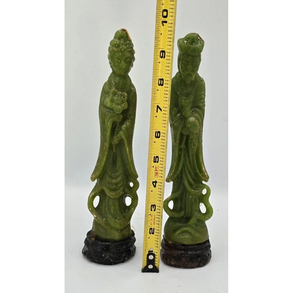 Vintage Ceremonial Jade Green Chinese Figure Carved Wax Candles Pair Unused